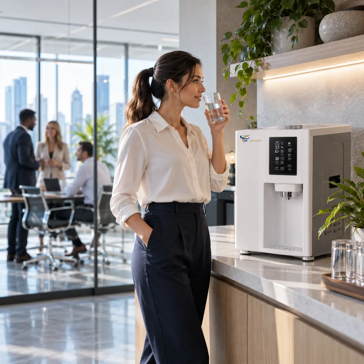 Professional workplace hydration with a discreet atmospheric water system.
