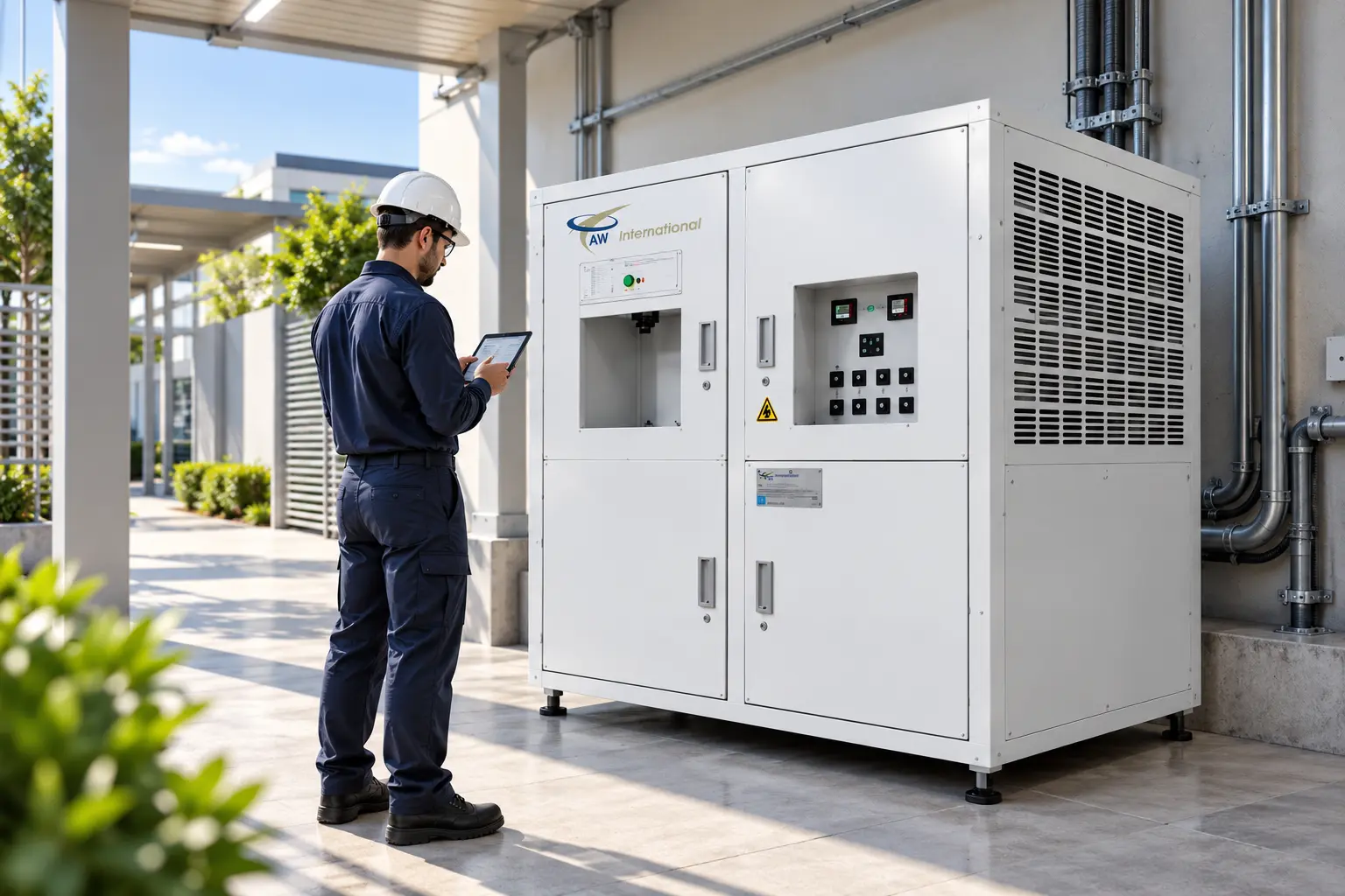 Engineer reviewing a high-volume installation and its monitoring options.