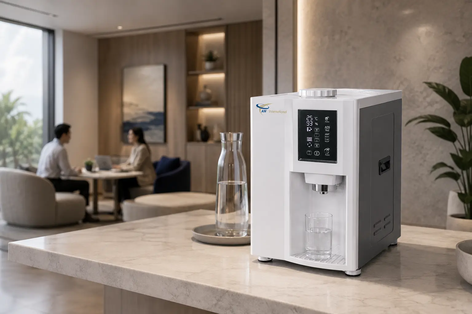 Settings suggesting home, office and hospitality use of the compact system.