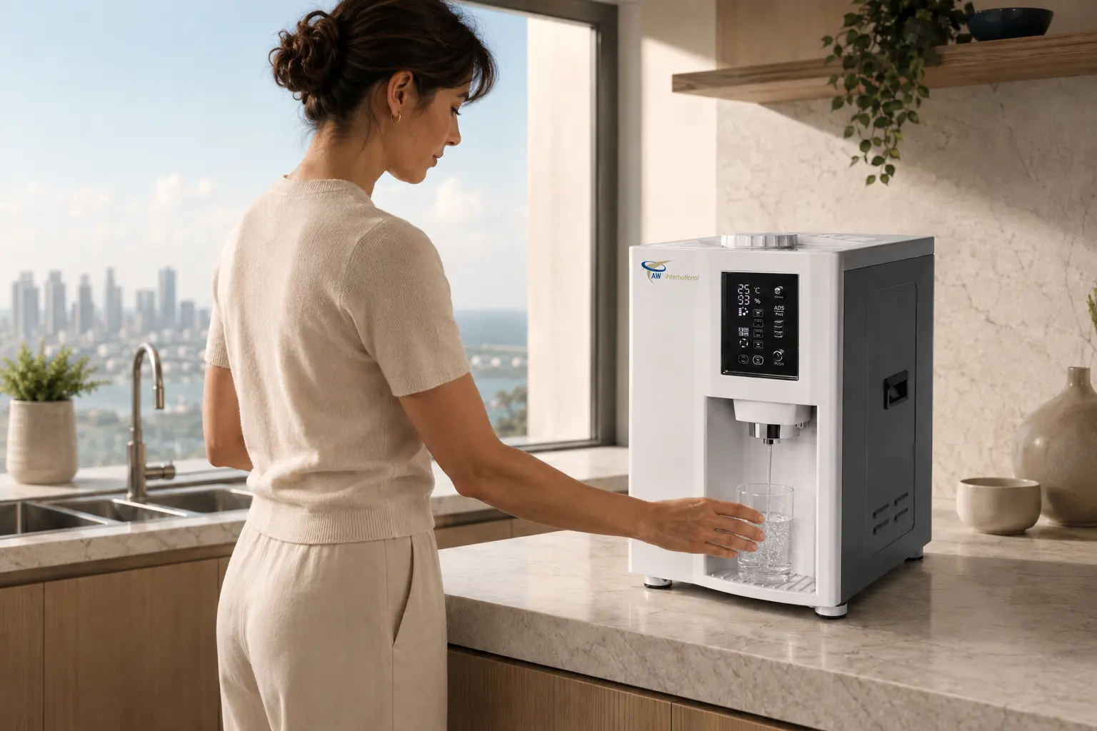 Compact unit in use in a refined home or small-office setting.