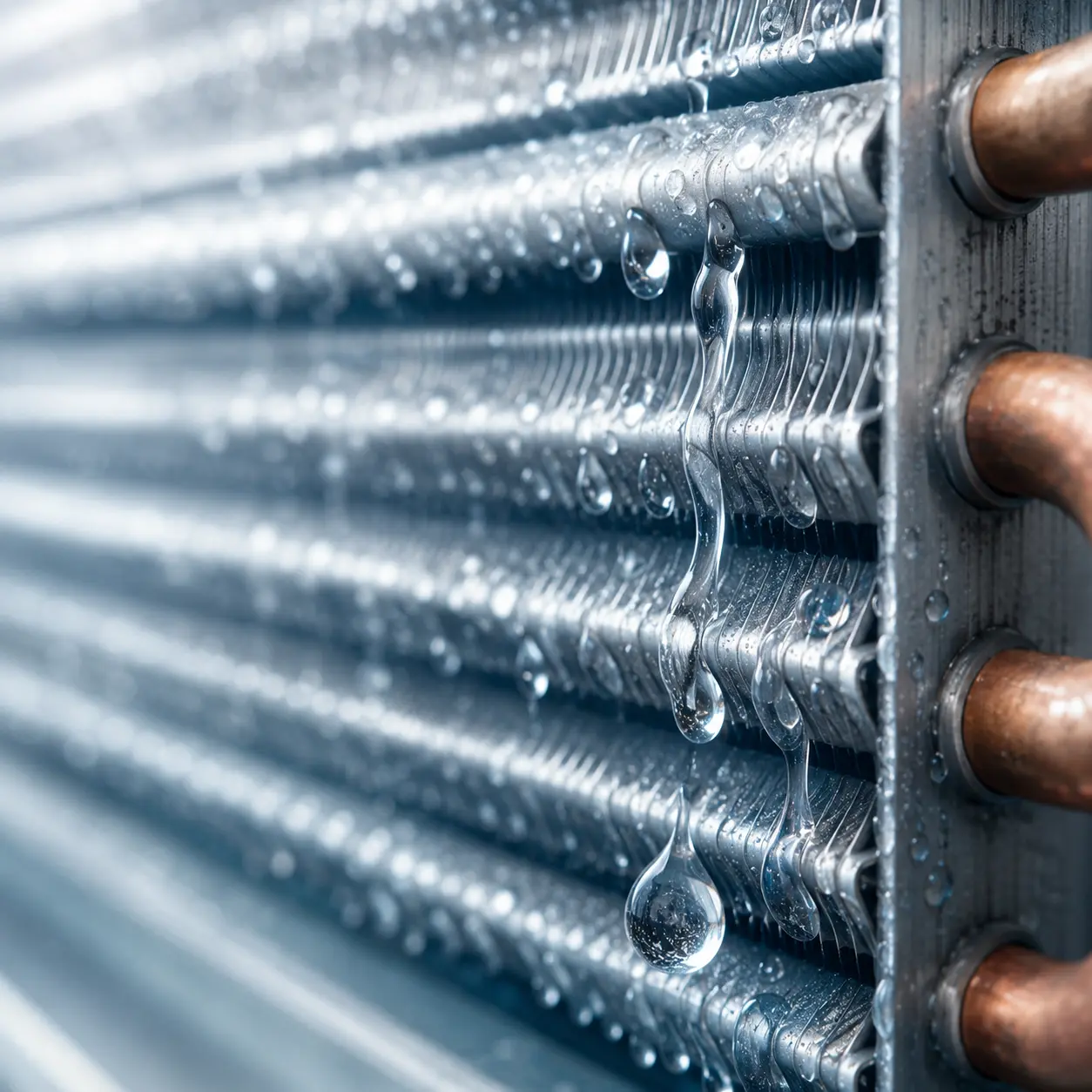 Macro water droplets forming through condensation on a clean metal surface.